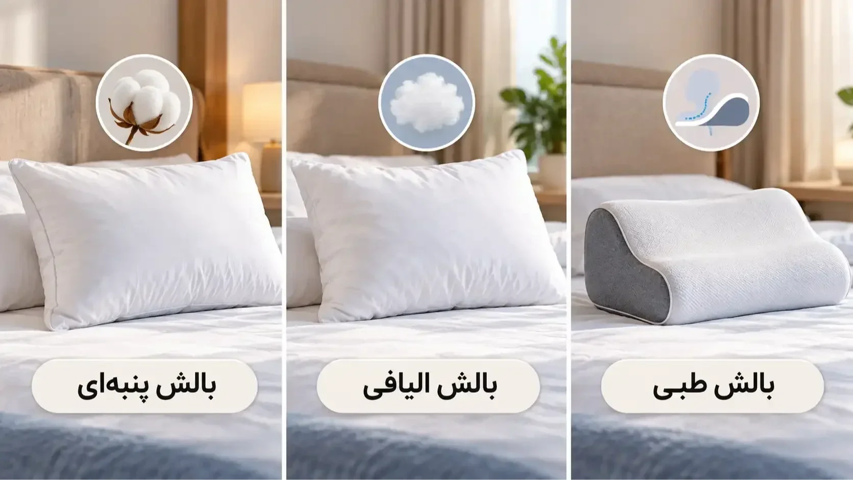 مقایسه بصری بالش پنبه‌ای، الیافی و طبی برای هتل