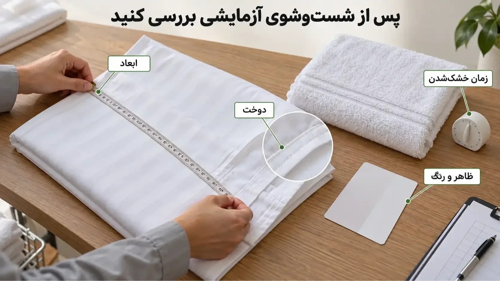 بررسی ابعاد، دوخت، ظاهر و زمان خشکشدن منسوجات هتلی پس از شستوشو