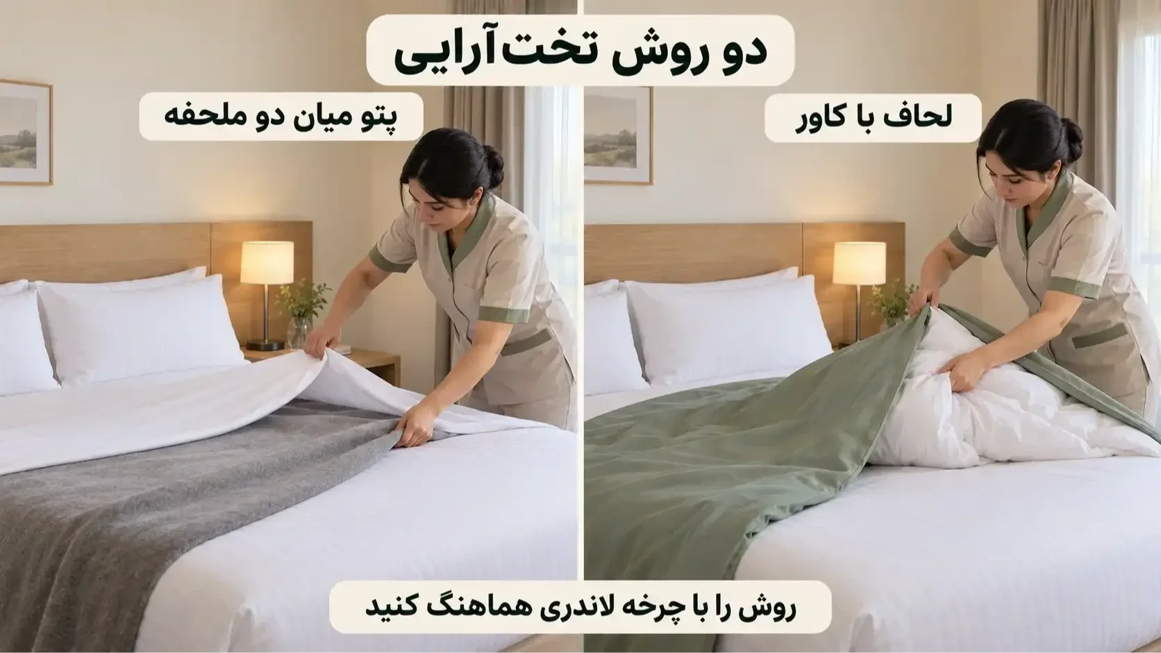 مقایسه تختآرایی هتل با کاور لحاف و پتو میان دو ملحفه