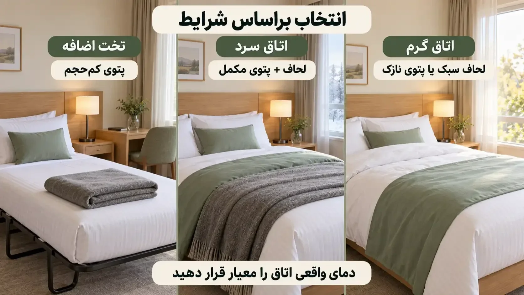 راهنمای انتخاب لحاف لایت یا پتو برای اتاق گرم، سرد و تخت اضافه هتل